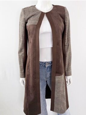 Calvin Klein Brown Suede Long Open Face Coat with Plaid Accents- size 8